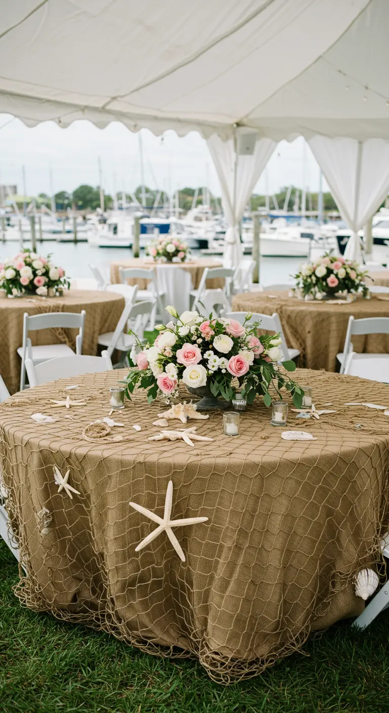 A round table covered with a burlap cloth and a fishing net, with a floral centerpiece.