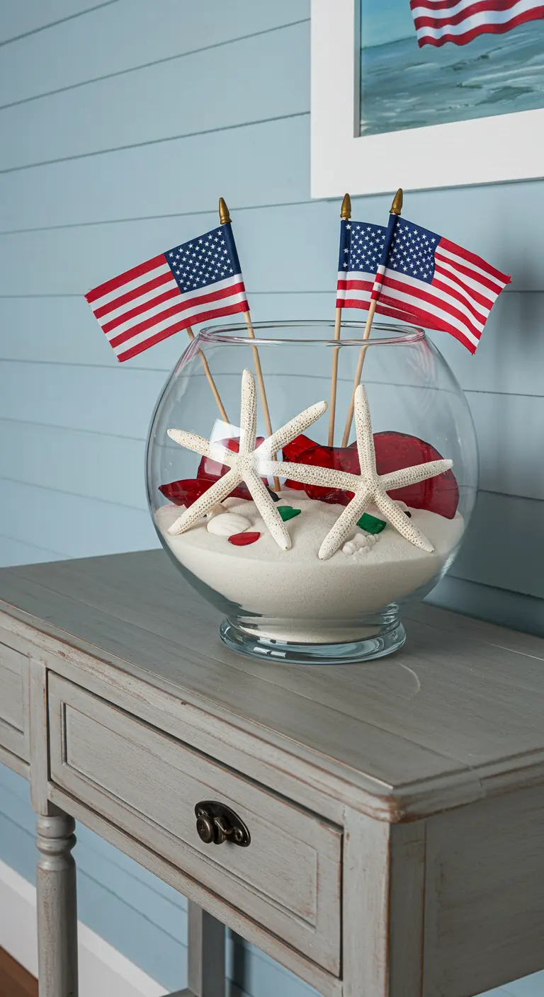 A clear glass fishbowl filled with sand, starfish, red glass, and small American flags.