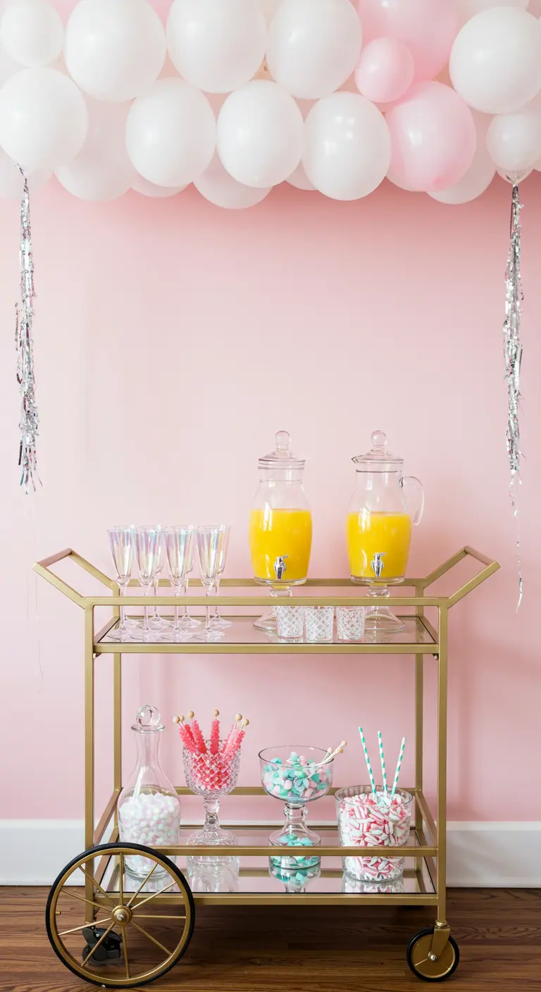 A gold bar cart with orange juice and iridescent glasses under a ceiling of white and pink balloons.
