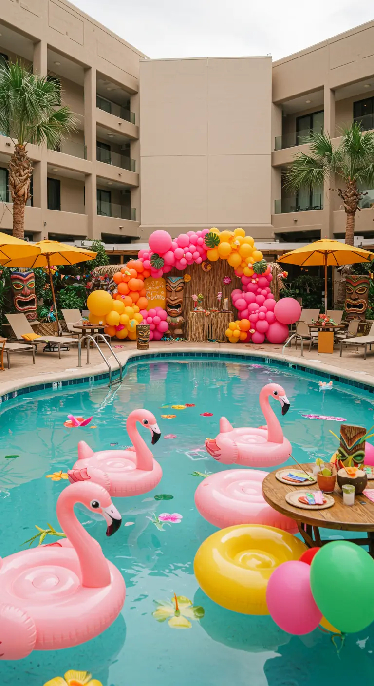 Pool party with pink flamingo floats and a vibrant balloon arch over a tiki bar.