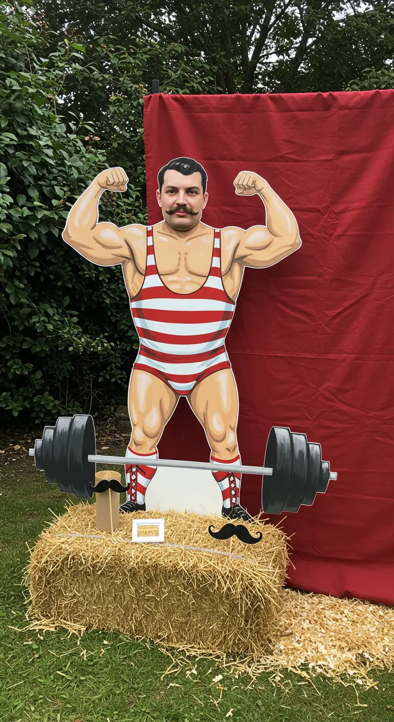 A life-sized vintage strongman cutout with the face removed, set on a hay bale.