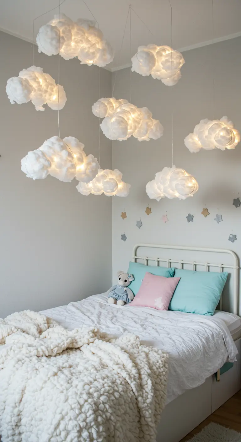 Child's bedroom with multiple DIY cotton cloud light pendants hanging from the ceiling.
