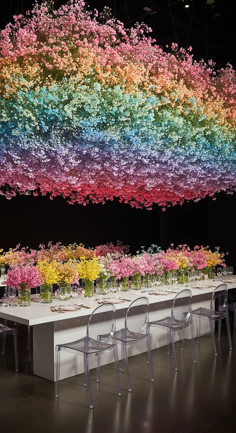 A massive floral installation of rainbow-colored baby's breath hangs over a long dining table.