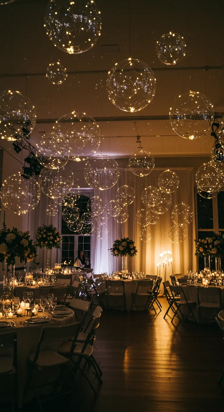 A party hall with clear balloons filled with fairy lights floating near the ceiling.