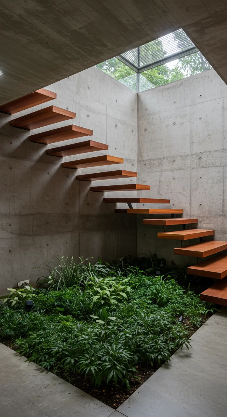 Wooden floating staircase ascending along a concrete wall above a lush indoor garden.