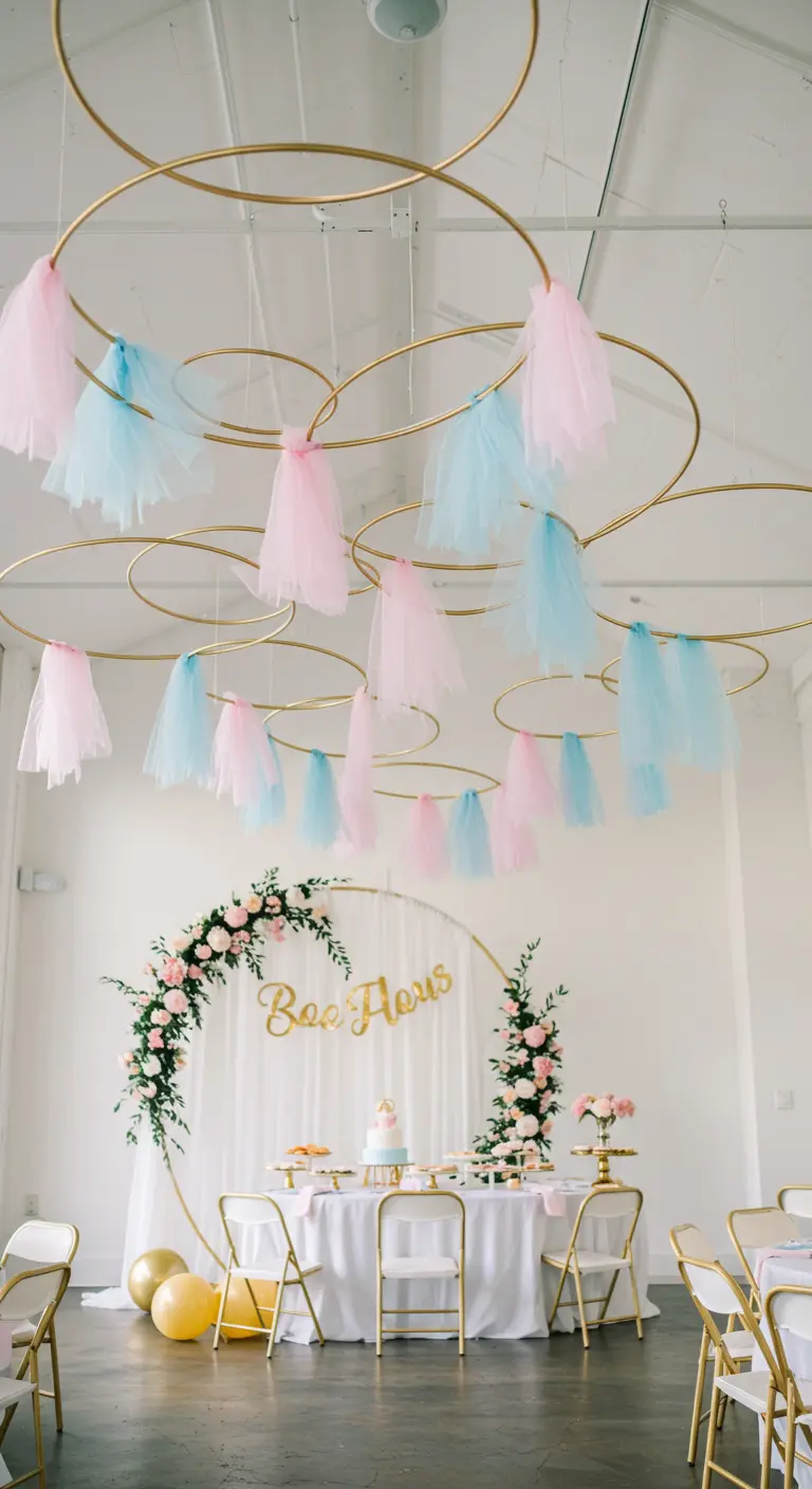 Gold hoops hanging from the ceiling with pastel tulle draped from them.