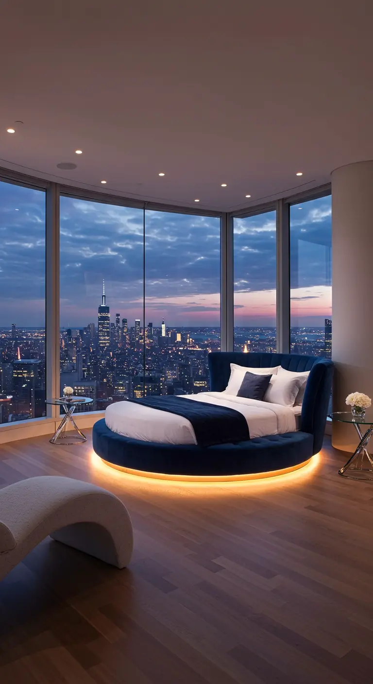 Round blue velvet bed with under-lighting in a modern penthouse with city views.