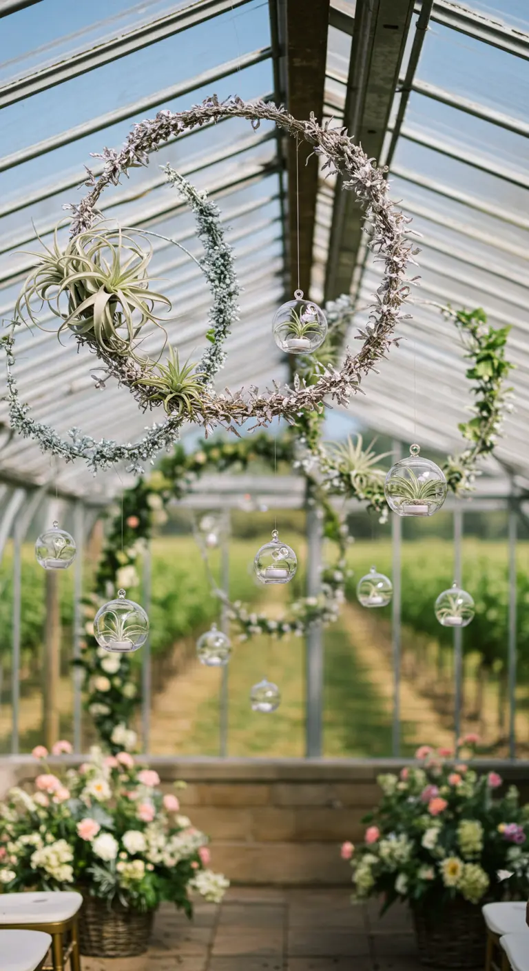 Hanging hoops with air plants and glass baubles in a bright, modern greenhouse setting.