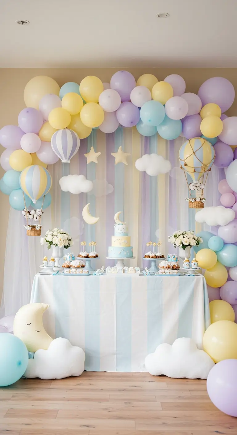 A pastel dessert table with hot air balloon decorations, cloud pillows, and a striped backdrop.