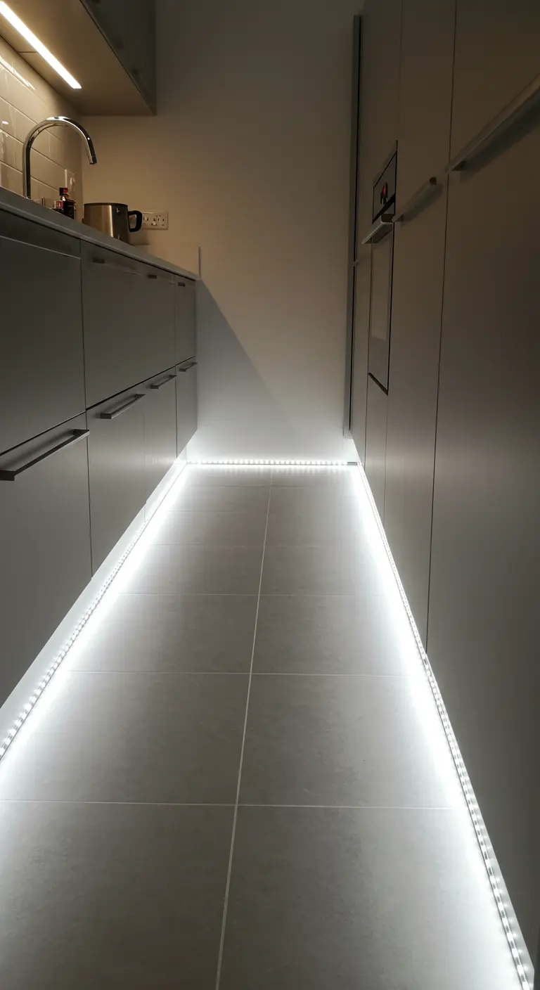 A galley kitchen with LED strip lighting running along the base of the cabinets, making them glow.