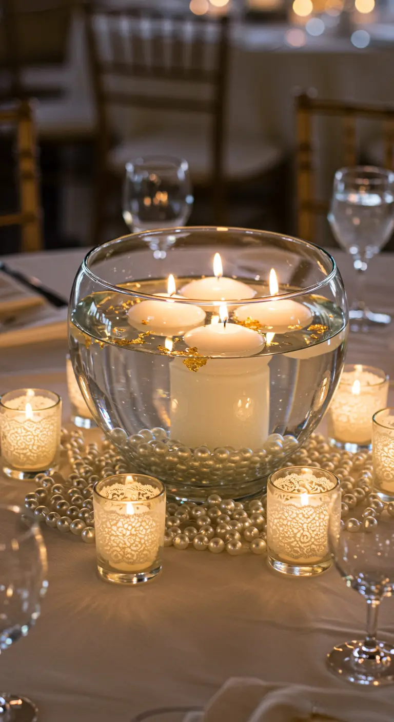 A glass bowl centerpiece with floating candles, gold leaf, and a base of pearls.