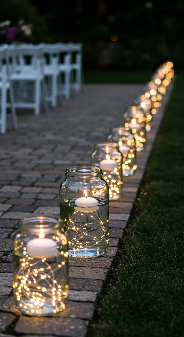 Glass jars filled with water, submerged fairy lights, and a floating candle on top.