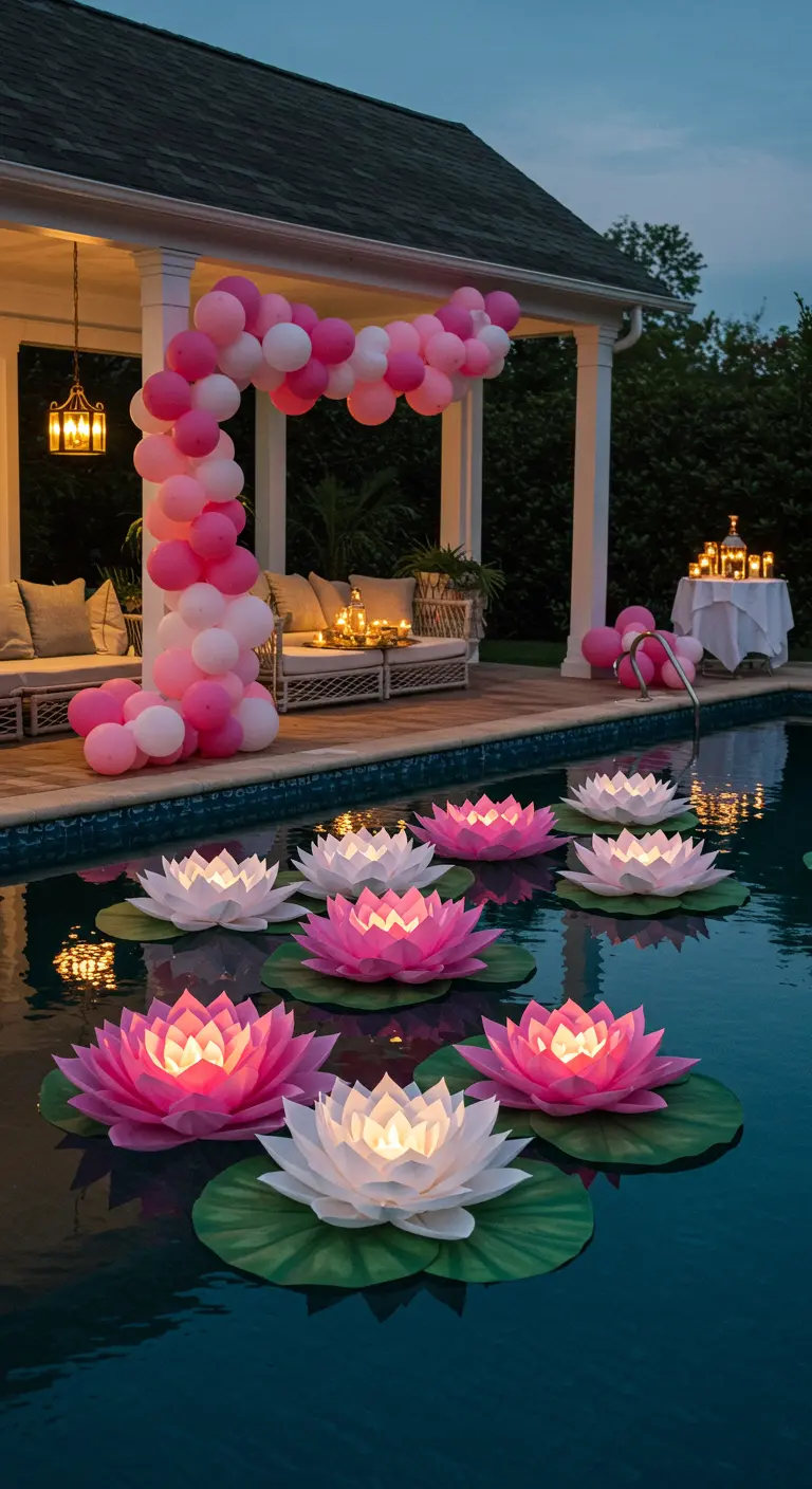 Glowing pink and white paper lotus flowers floating in a swimming pool at twilight.