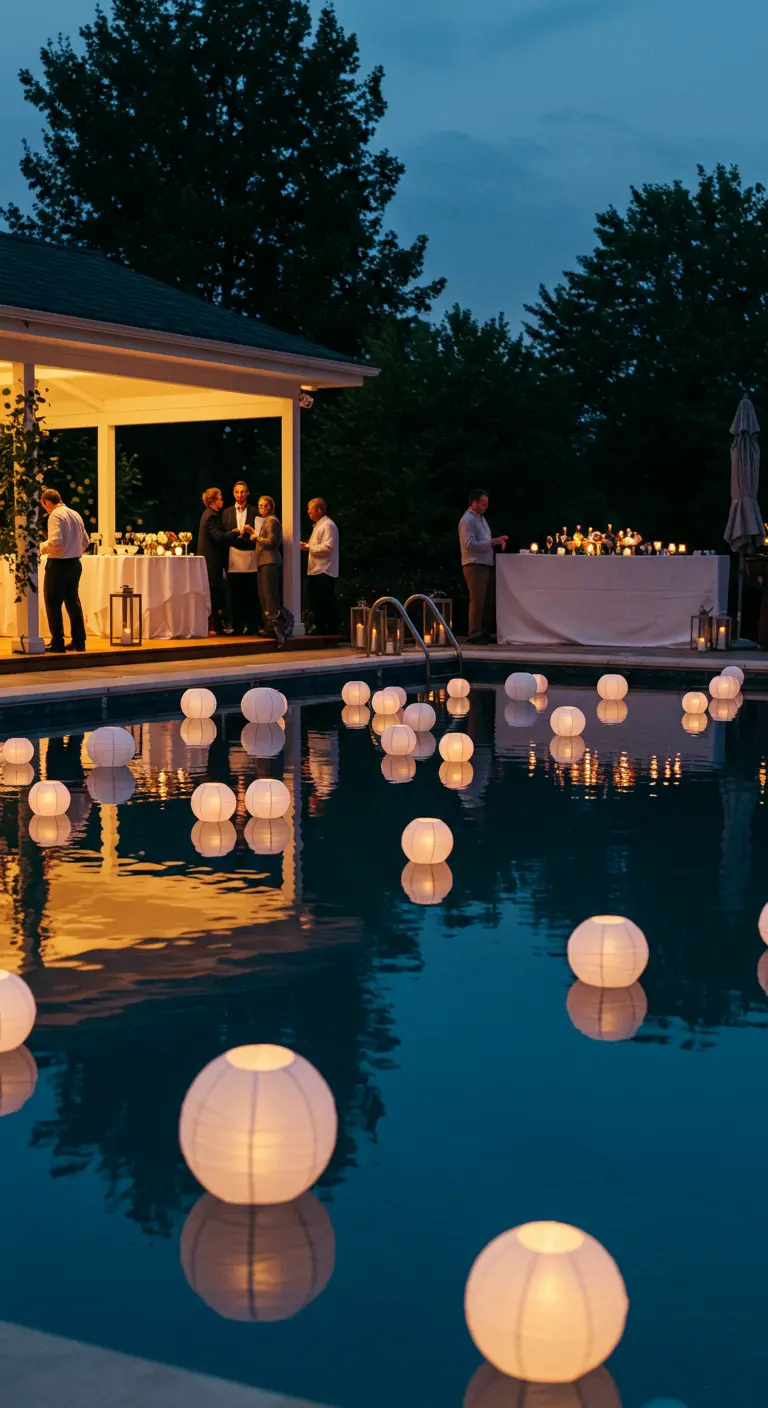 White paper lanterns with lights inside floating on a swimming pool at twilight.