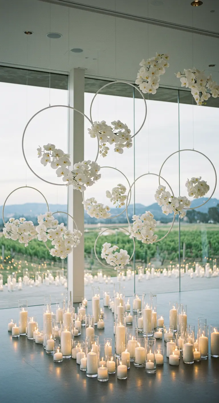 Multiple white hoops with single orchid sprays hanging in a modern space above a candle display.