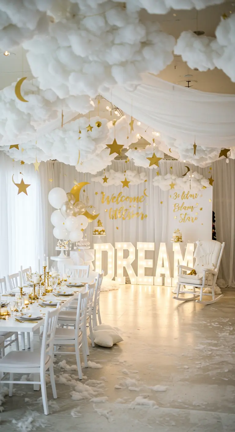 A baby shower with a ceiling decorated with white cotton clouds, gold stars, and marquee letters spelling DREAM.