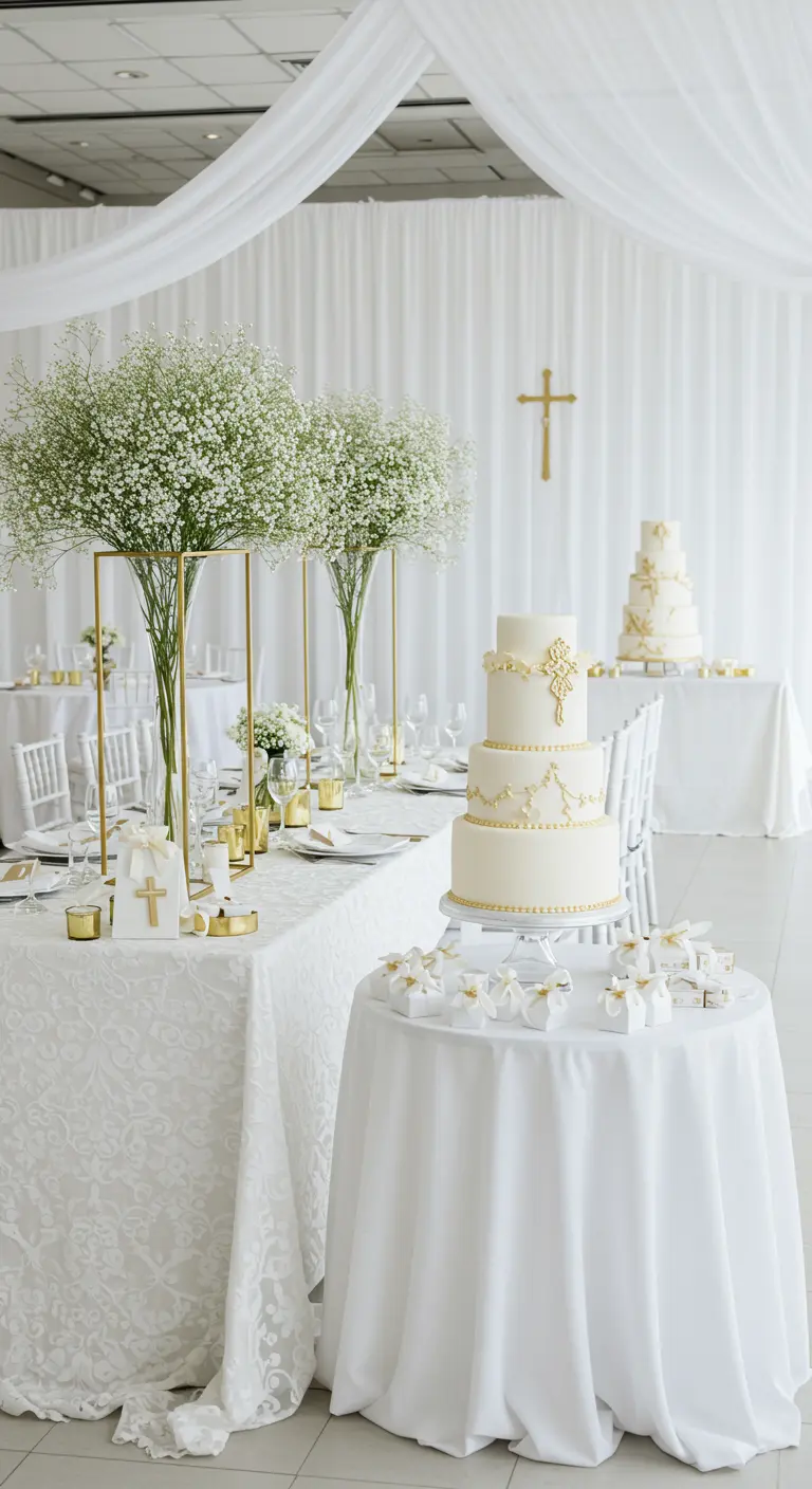 An elegant event with tall centerpieces of baby's breath, a tiered white and gold cake, and draped ceilings.