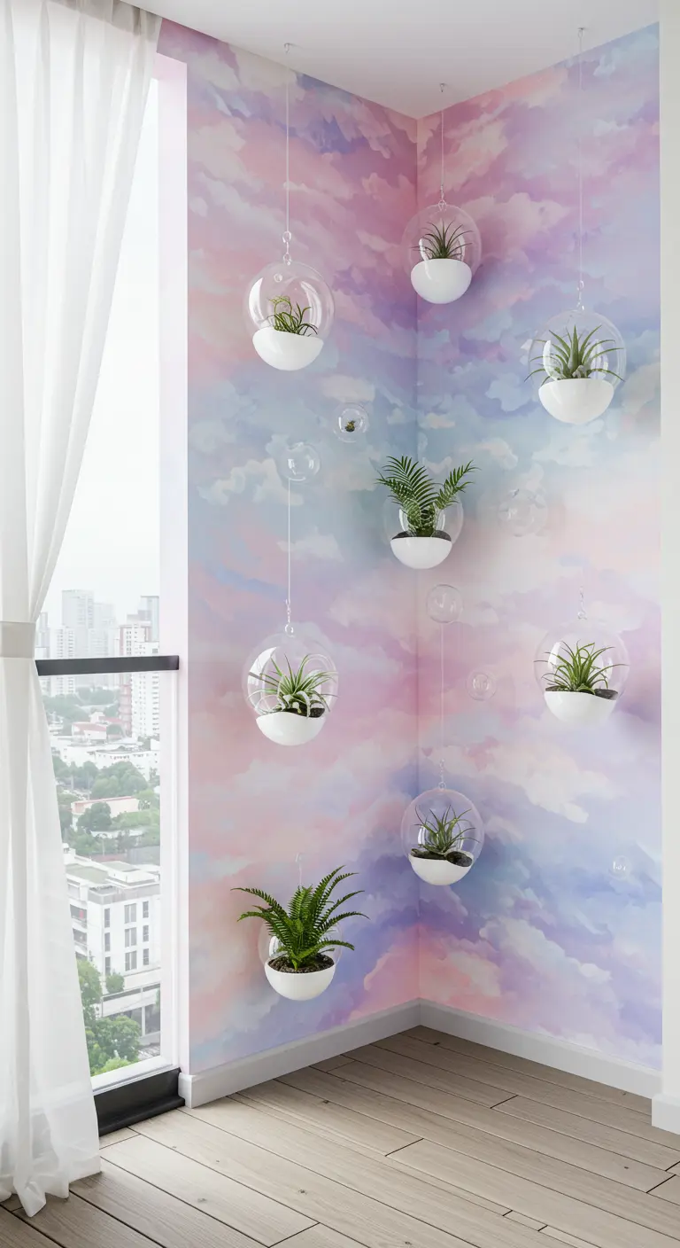 A corner with a pastel cloud mural and hanging glass terrariums with air plants.