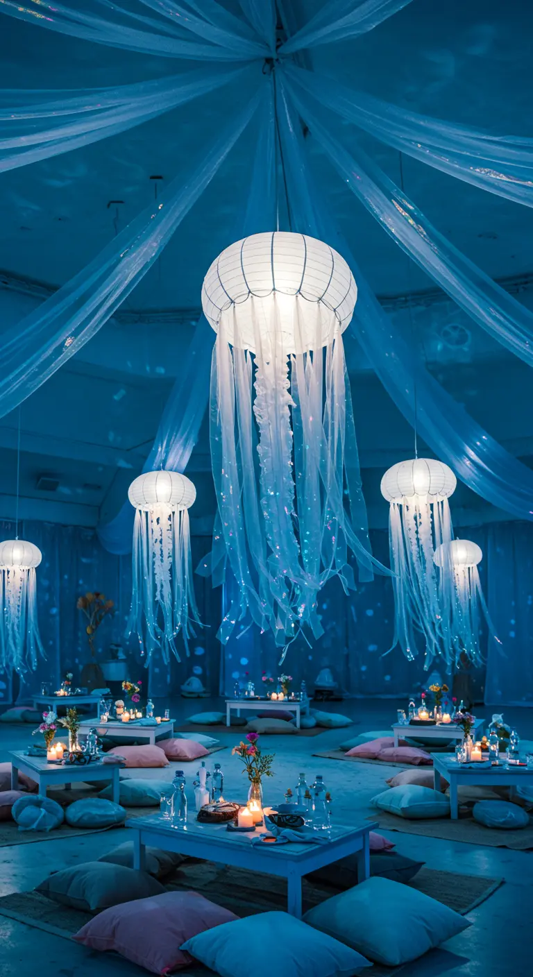Glowing jellyfish lanterns made from tulle hanging from a ceiling.