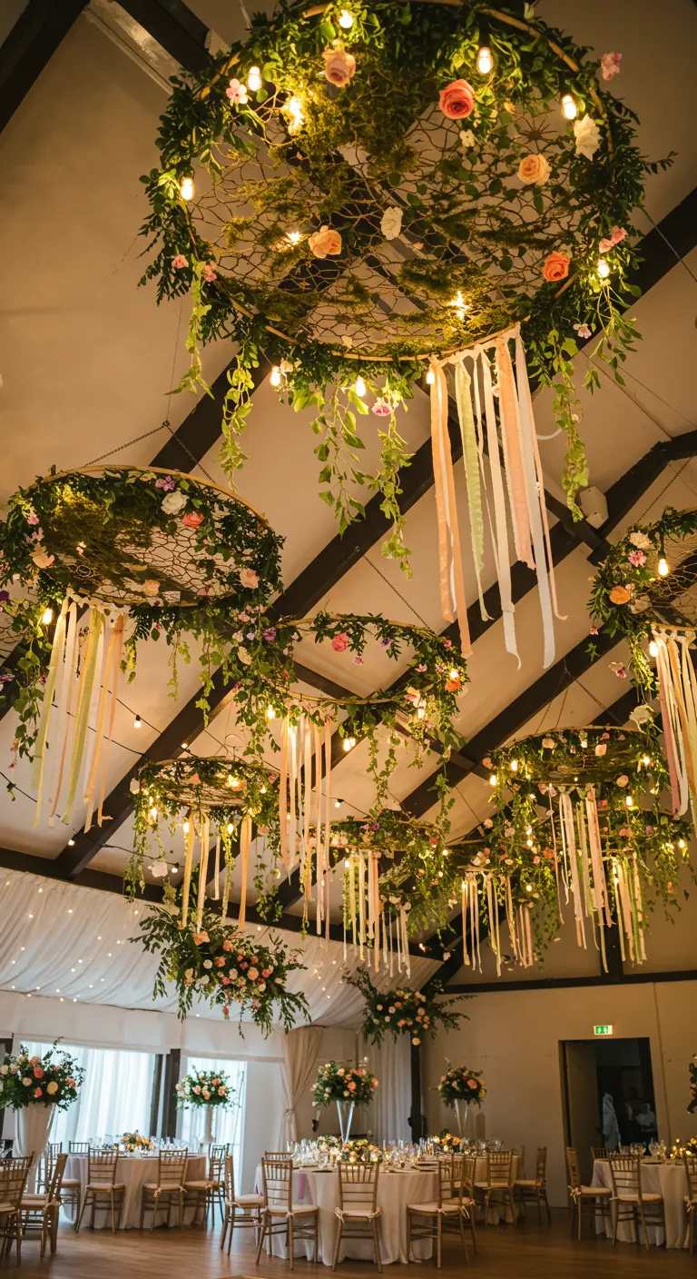 Large floral hoops with trailing ribbons and lights hanging from a ceiling as chandeliers.