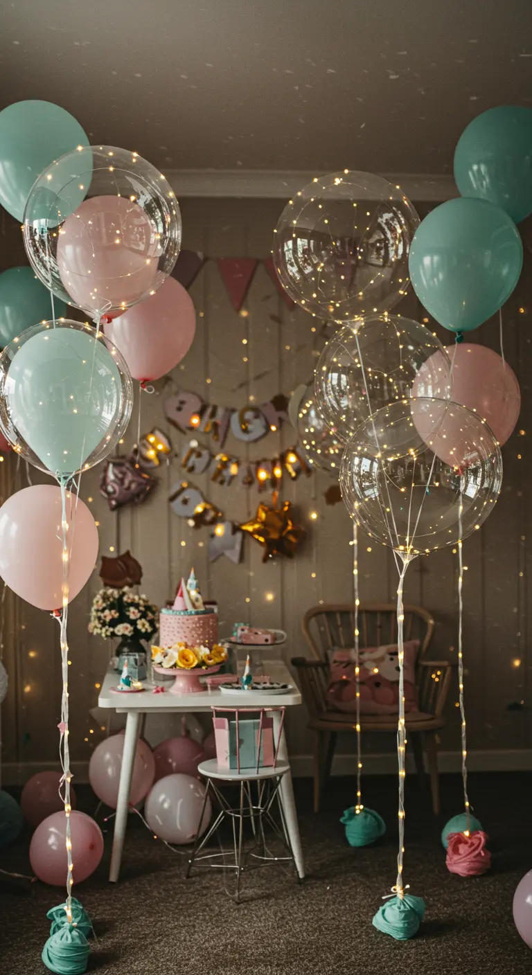 Pastel and clear balloons filled with tiny fairy lights floating in a party room.