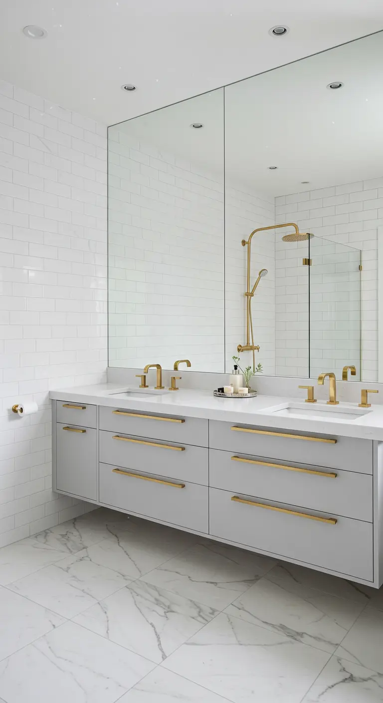 Bright white bathroom with a floating light gray vanity and gold hardware.