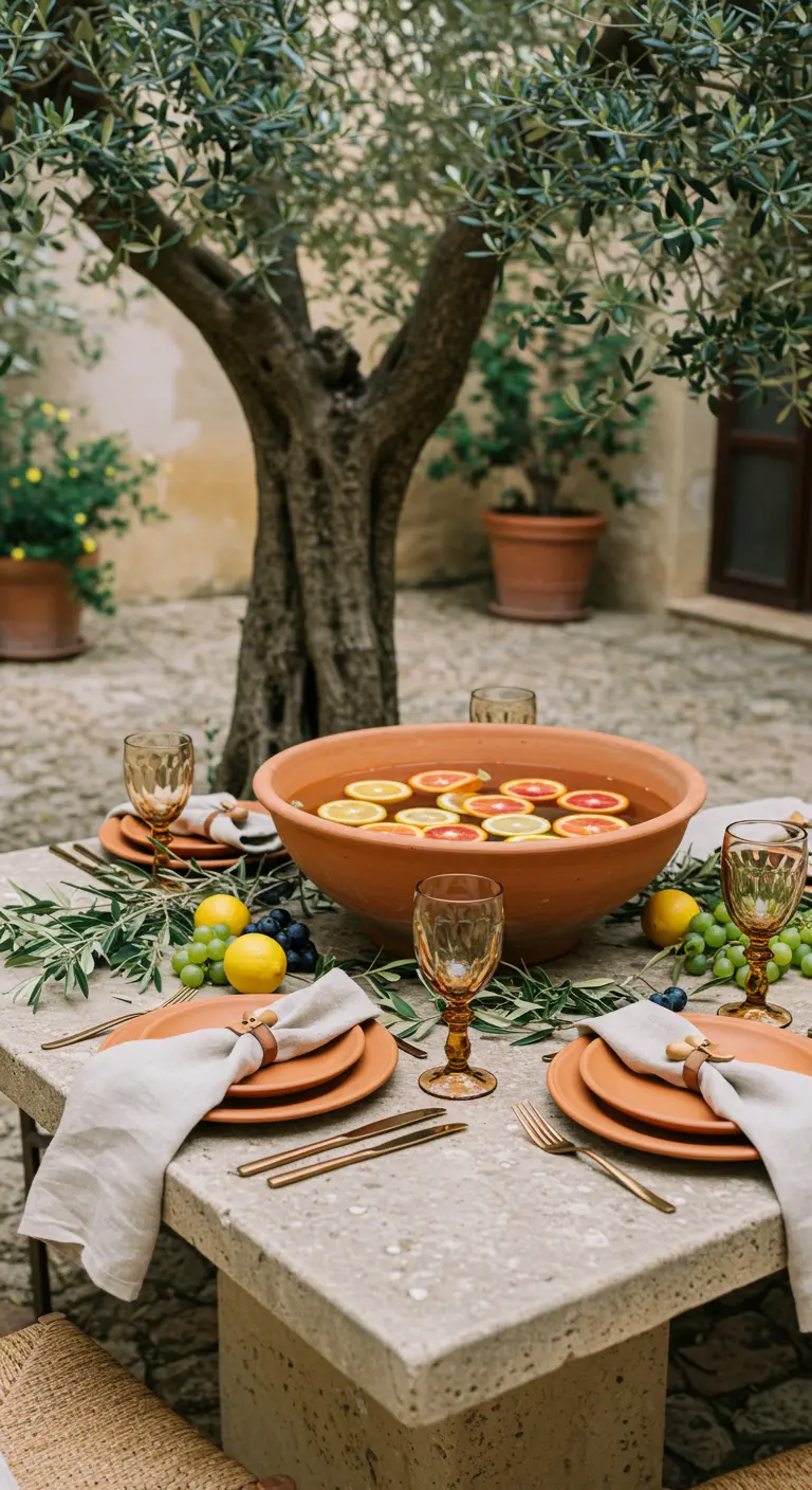 A terracotta bowl filled with water and floating citrus slices, set on a stone table.