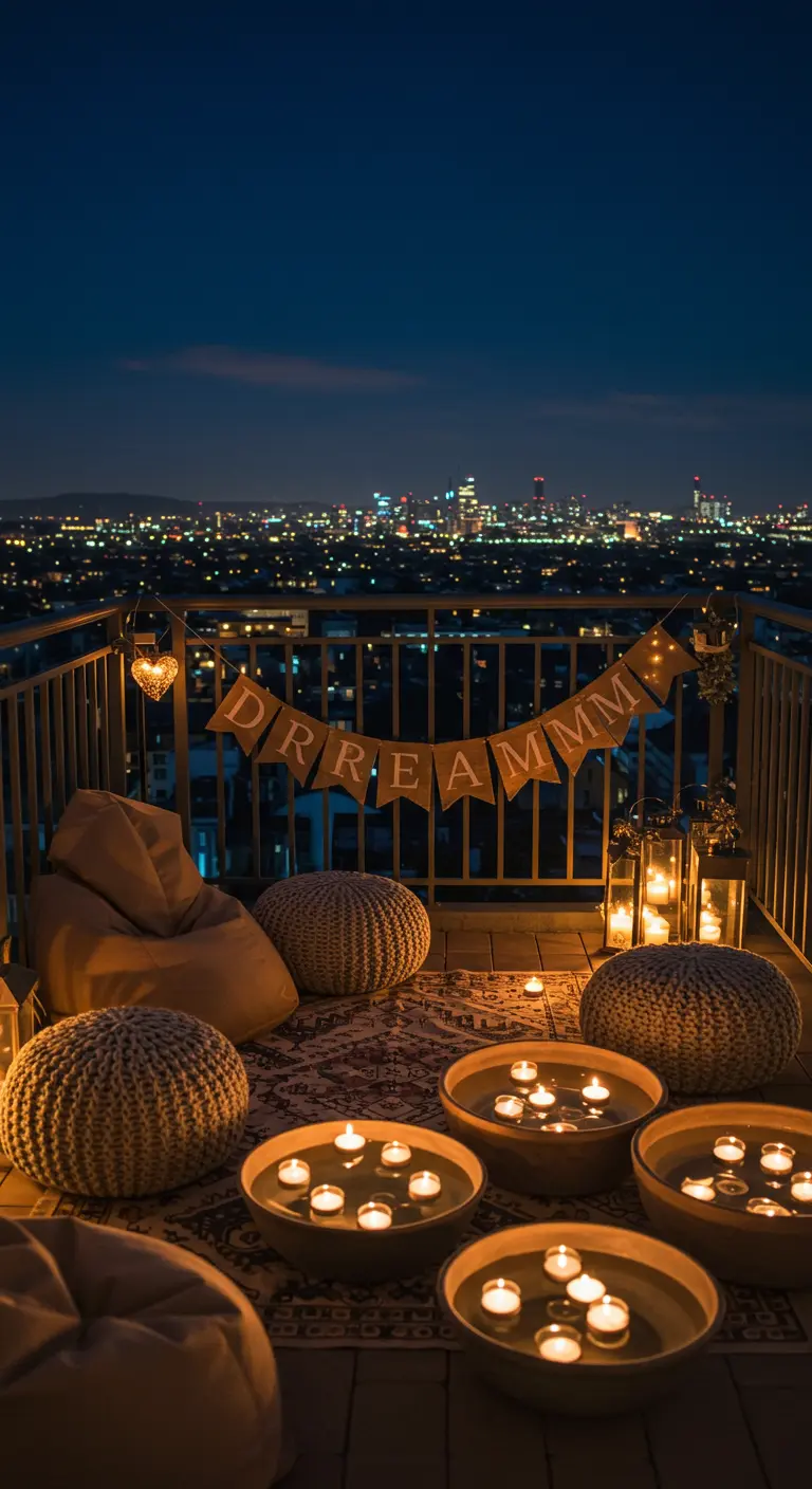 A city balcony at night with a 'DREAM' banner, floor poufs, and bowls of floating candles.