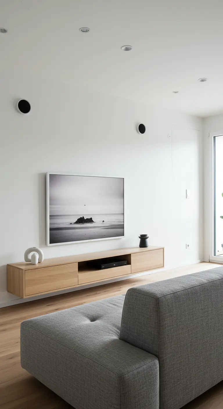 A light oak floating media console mounted on a white wall below a framed art television.