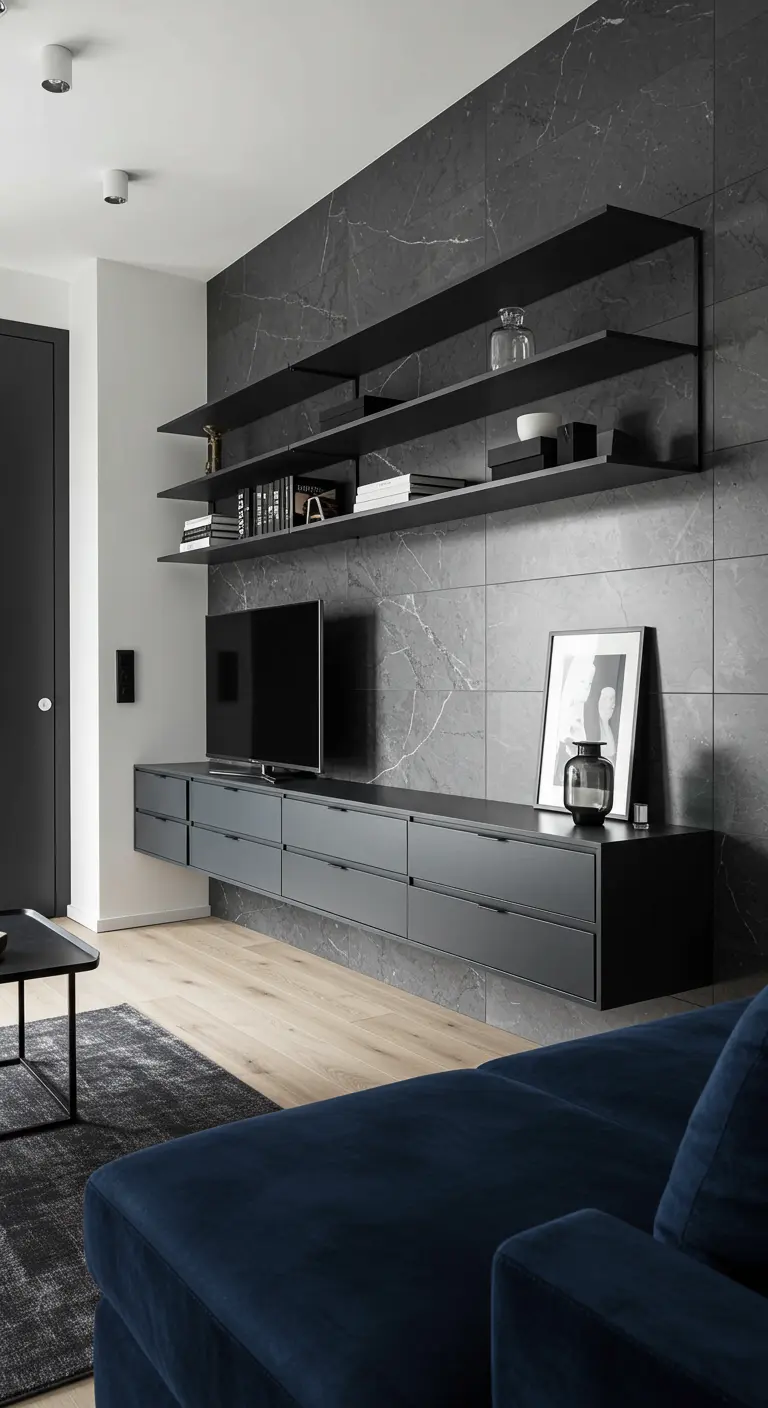 A floating black media console and shelves mounted on a dark marble-tiled wall.