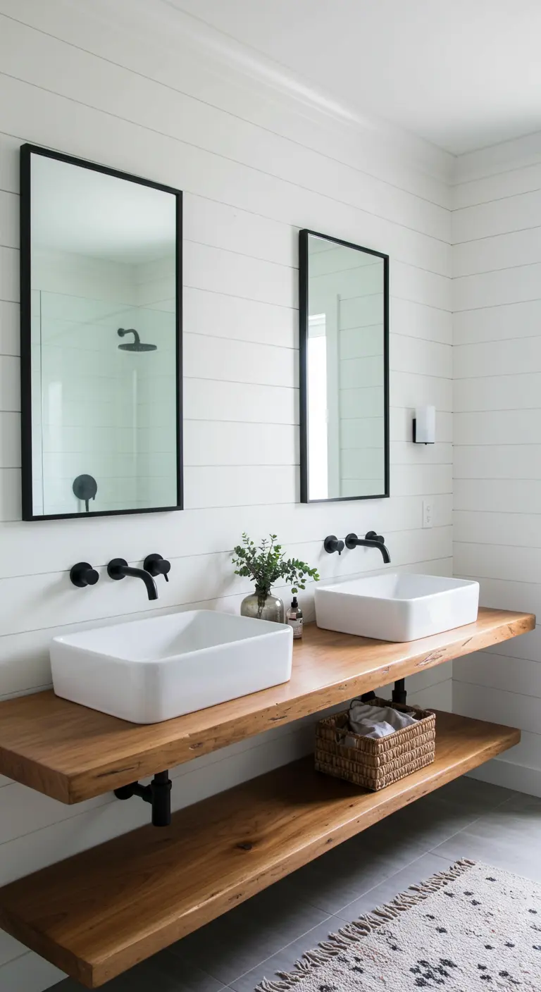 Bathroom with a floating wood double vanity, vessel sinks, and black-framed mirrors.