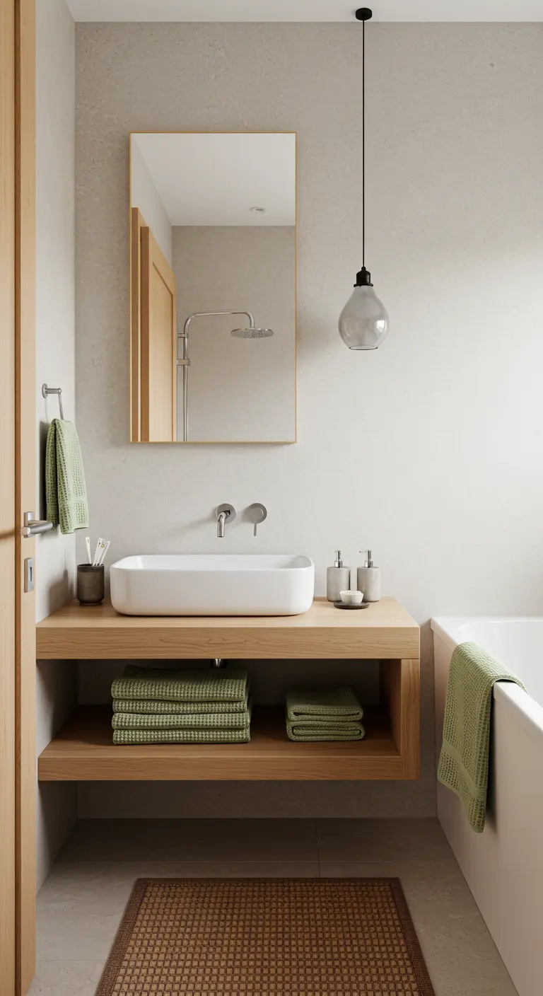 Minimalist bathroom with a floating wood vanity, vessel sink, and green towels.