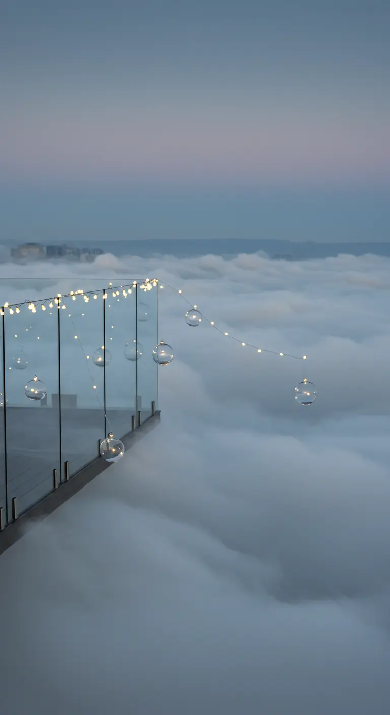 A simple string of lights and baubles on a glass balcony above the clouds.