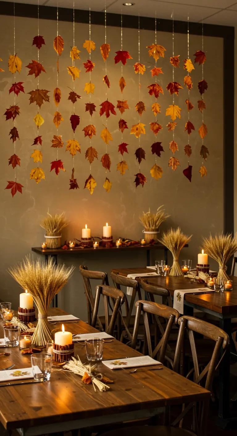 A wall decorated with faux autumn leaves hanging from strings for a fall party.