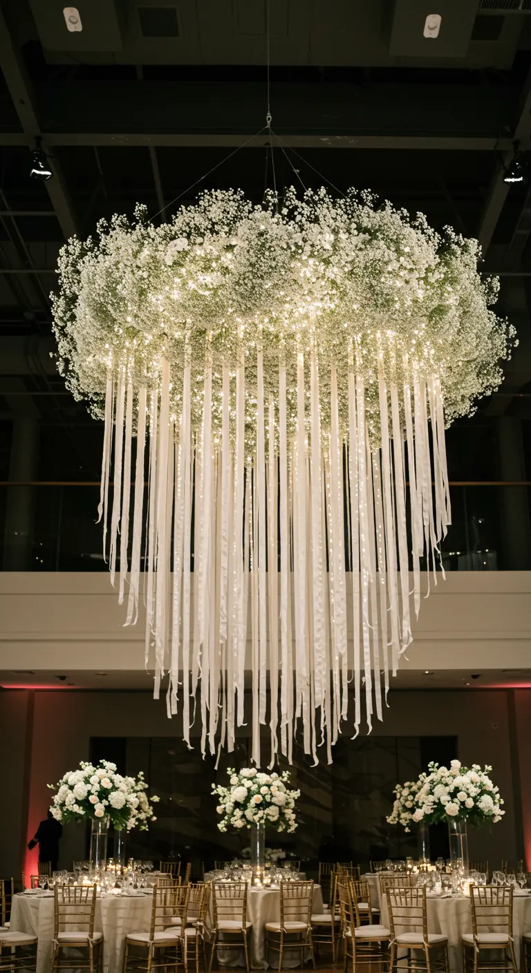 An enormous chandelier made of baby's breath and hanging white ribbons over wedding tables.