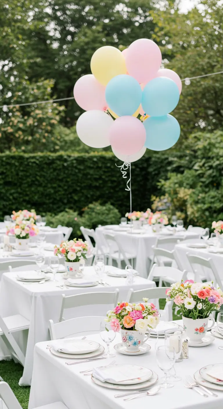 Large garden party with white tables, each featuring a pastel balloon bouquet.