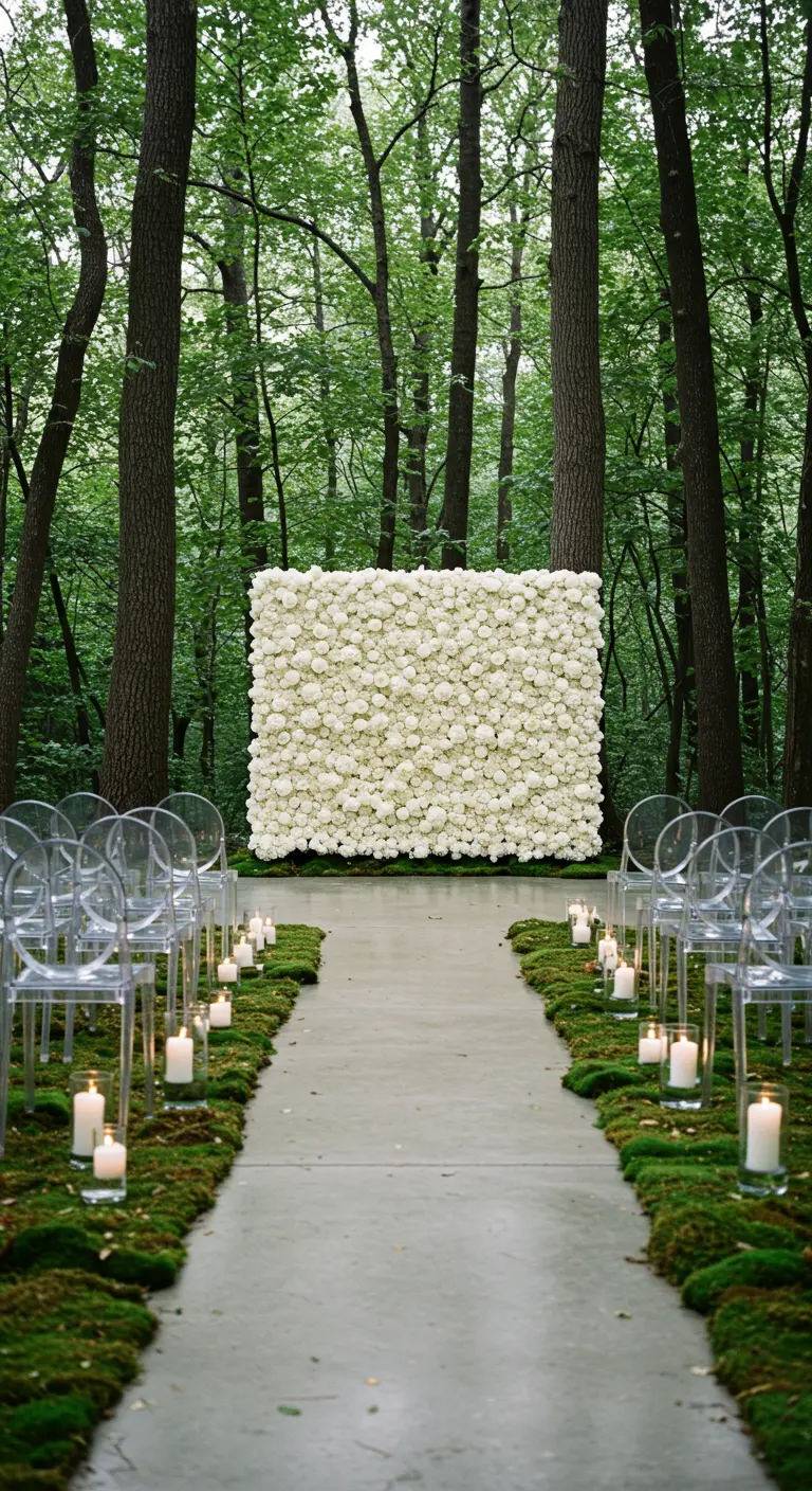 A solid white rose flower wall seemingly floating in a forest, with clear acrylic chairs.