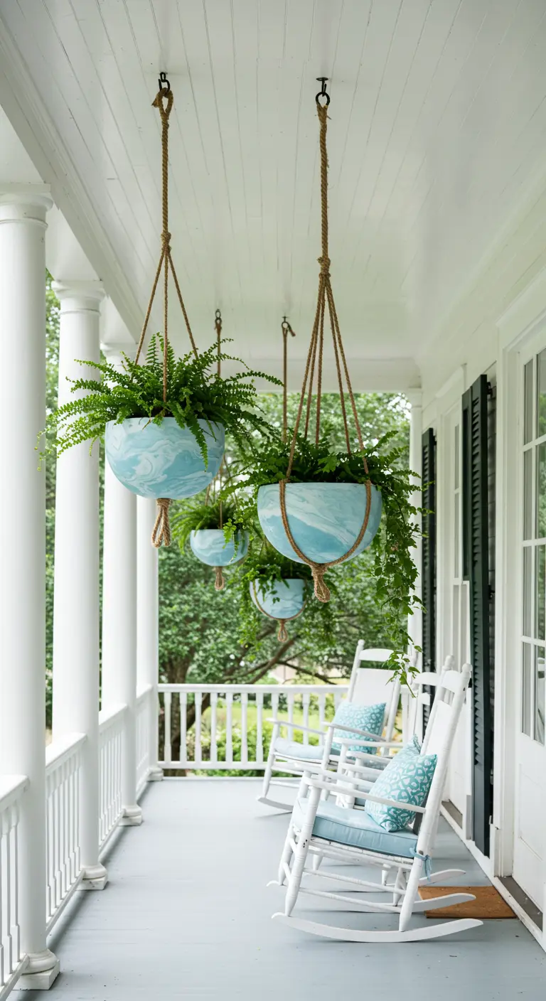 Blue and white marbled hanging planters with ferns, hanging from the ceiling of a white porch.