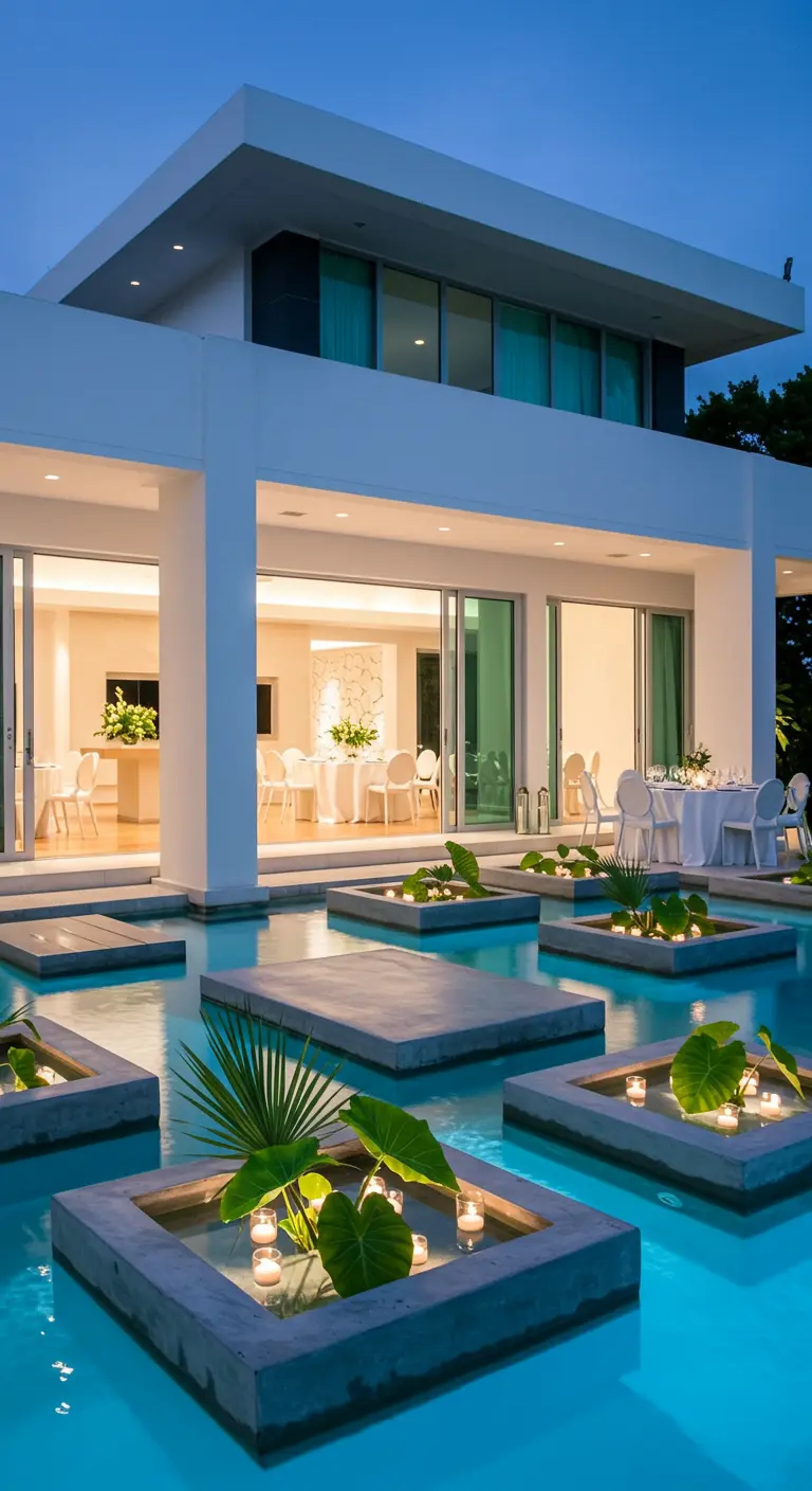 Square concrete planters with leaves and candles floating in a modern swimming pool at dusk.
