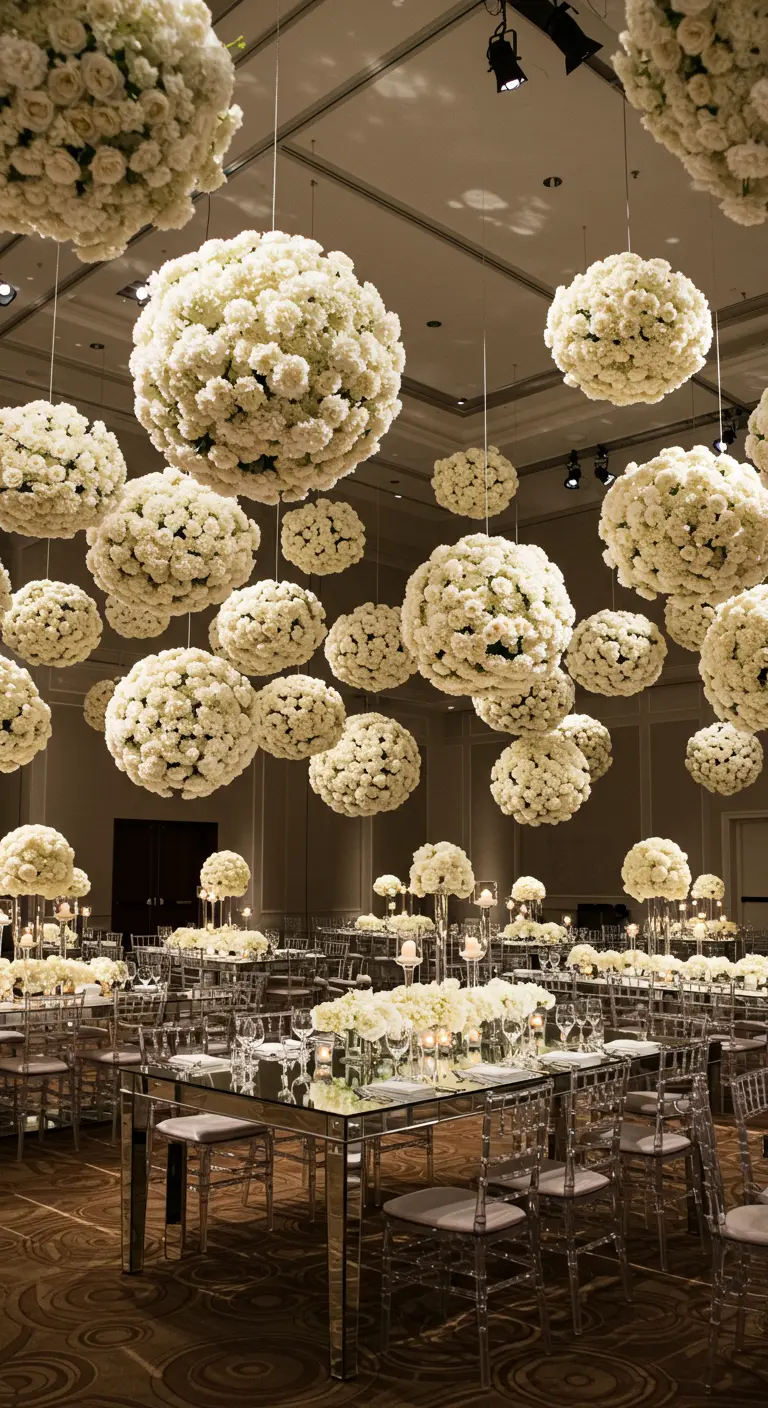 Large white floral spheres hanging at different heights from the ceiling of a modern ballroom.
