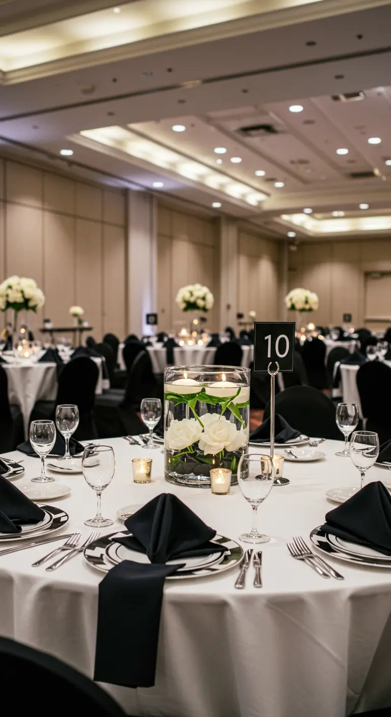 Formal round table with a centerpiece of white roses floating in water.