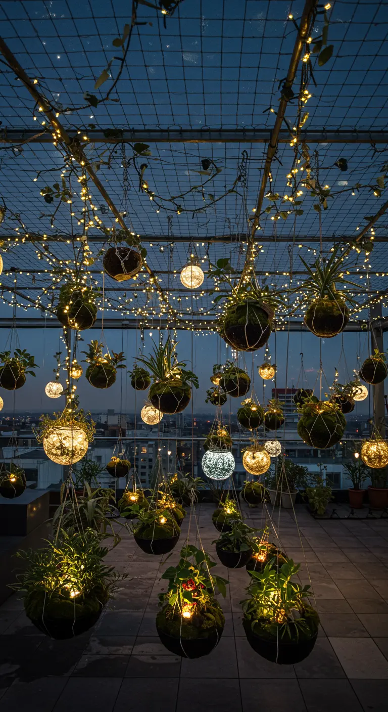 A grid ceiling on a rooftop with dozens of hanging kokedama plants and interspersed lights.