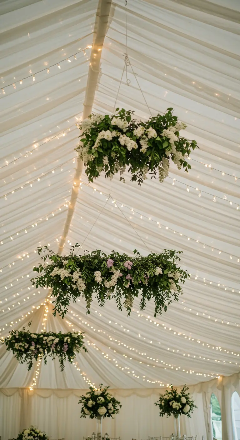 Hanging floral planks with white flowers and greenery in a white wedding tent.