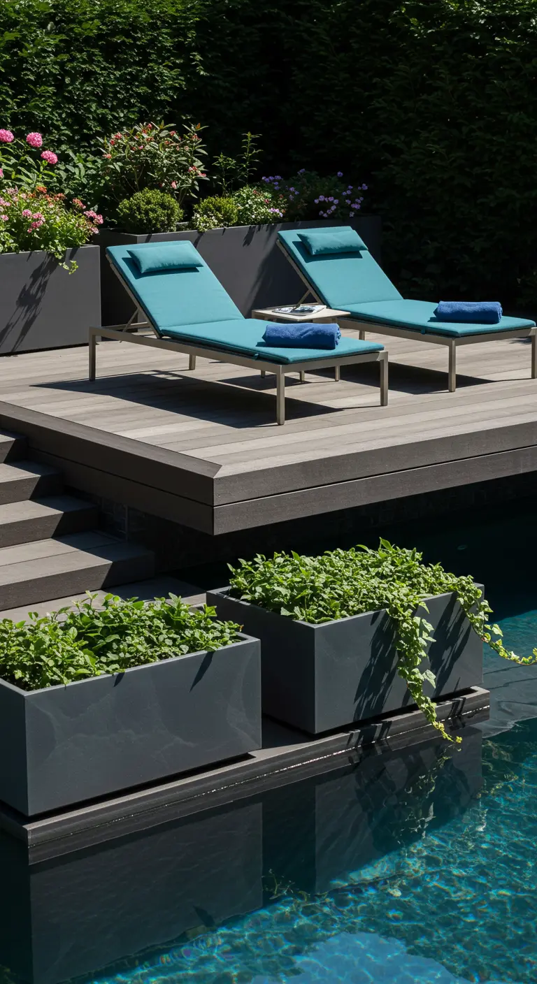Teal chaise lounges on a deck by a pool, with planters of trailing greenery at the water's edge.