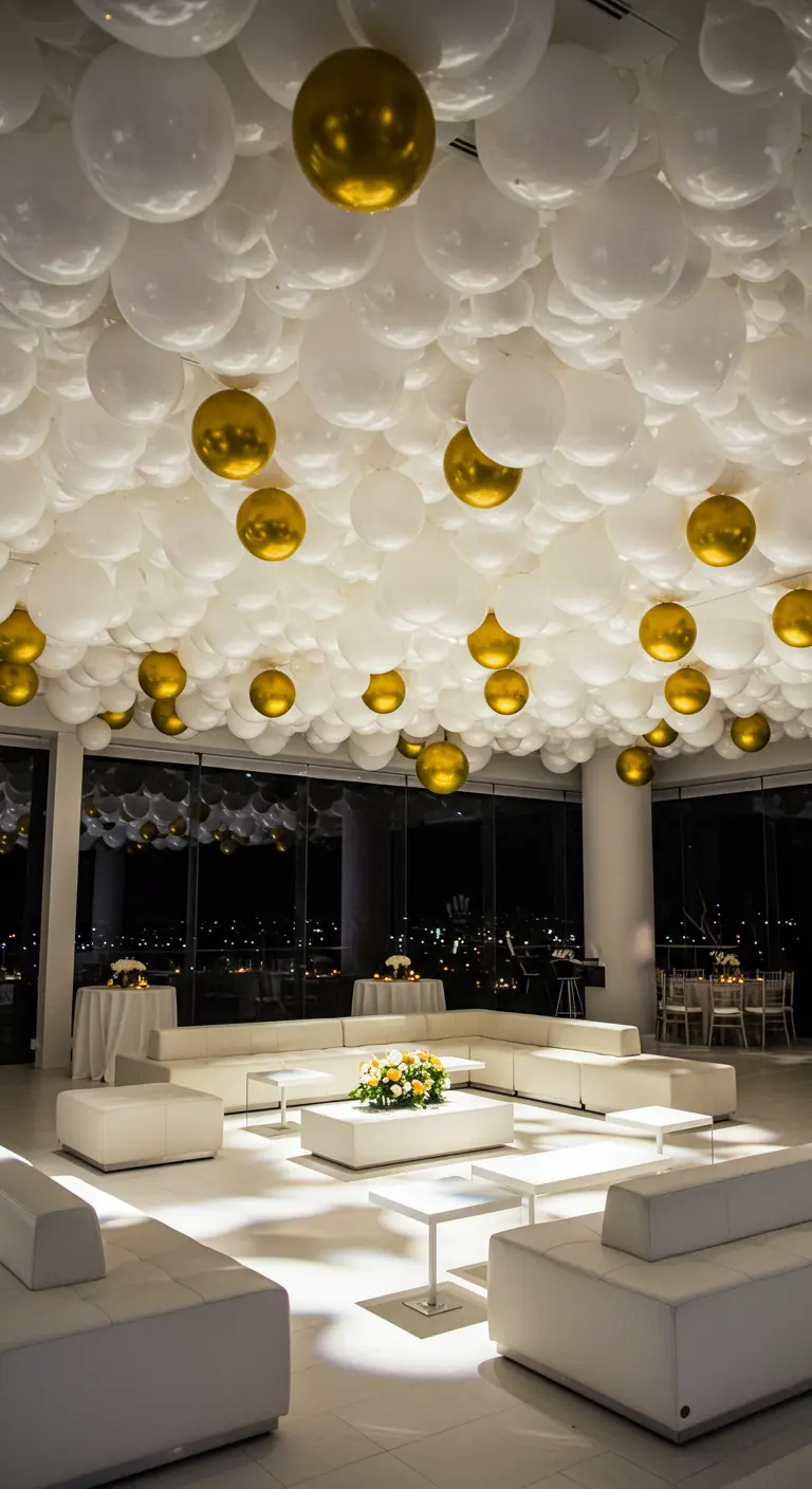 A ceiling covered in white balloons with gold balloons hanging down over a white lounge area.