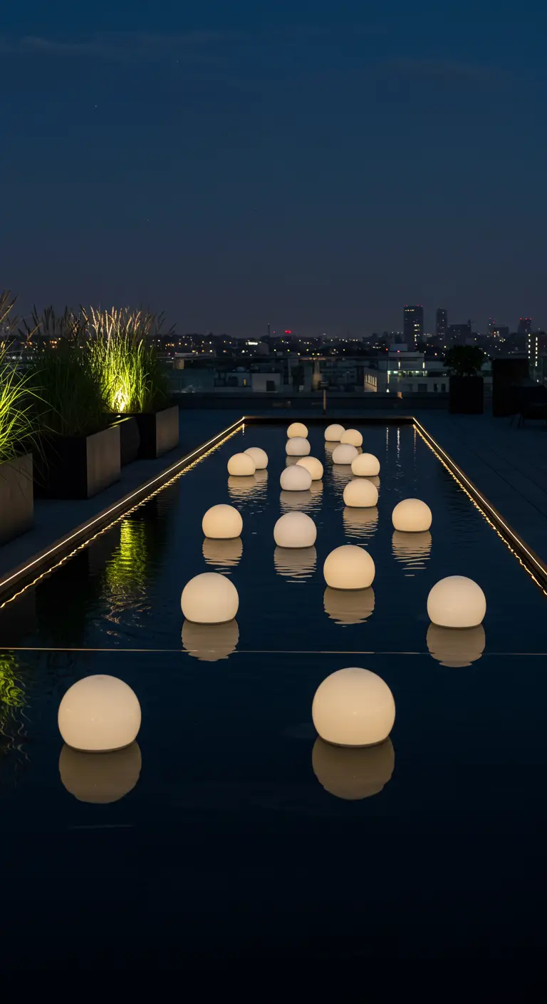 A dark reflecting pool on a rooftop with numerous glowing white orbs floating on the surface at night.