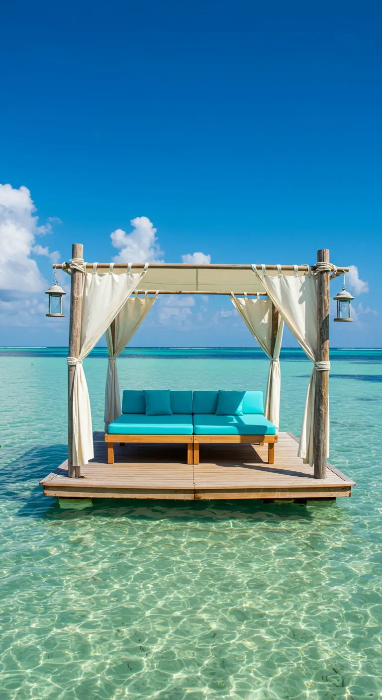 Teak daybed with turquoise cushions on a floating platform in clear water.
