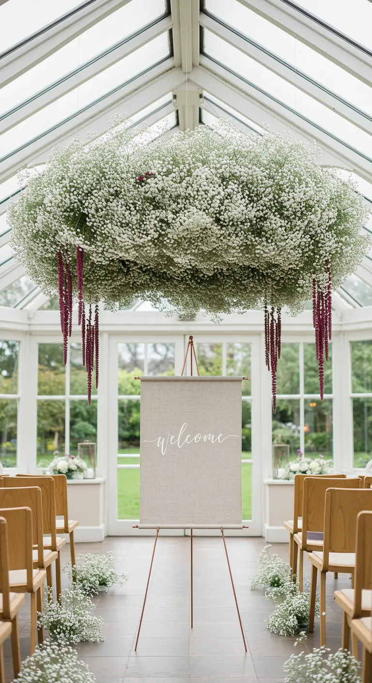 A massive hanging cloud of baby's breath over a minimalist welcome sign in a conservatory.
