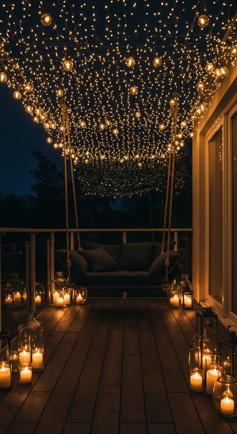 A balcony with a hanging sofa under a dense canopy of fairy lights, creating a starry sky effect.