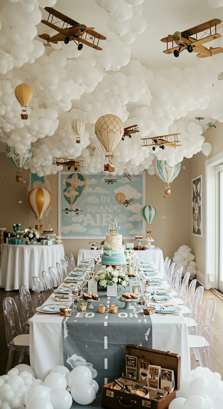 Party room ceiling covered in white balloons with model planes hanging.